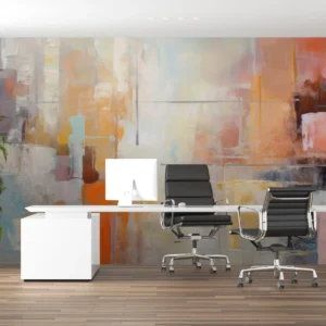 Papier peint abstrait aux nuances pastel et touches orangées vibrantes