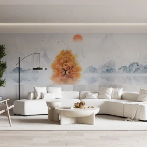 Paysage zen automnal avec arbre doré et montagnes brumeuses