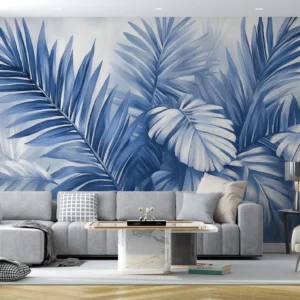 Papier peint tropical feuilles de palmier bleu aquarelle moderne
