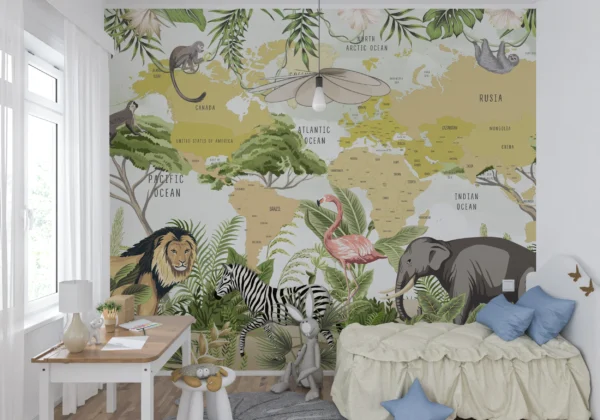 Carte du monde safari avec animaux exotiques et végétation tropicale – Gallery