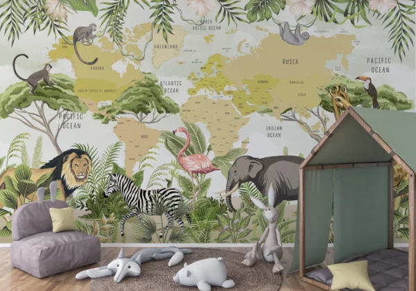 Carte du monde safari avec animaux exotiques et végétation tropicale – Main