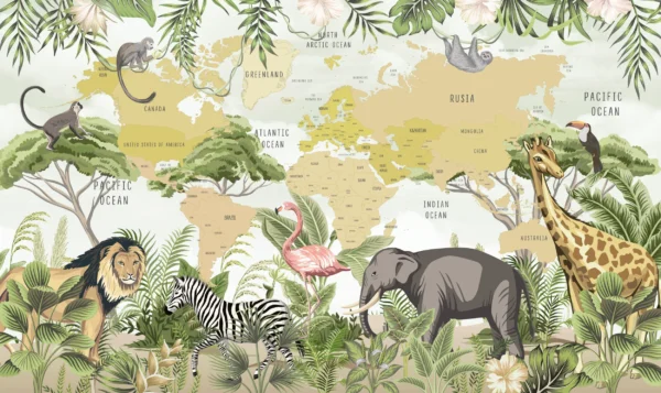 Carte du monde safari avec animaux exotiques et végétation tropicale – Wallpaper