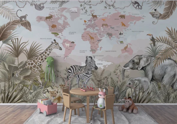 Papier Peint Carte du Monde Safari aux Animaux Exotiques – Main