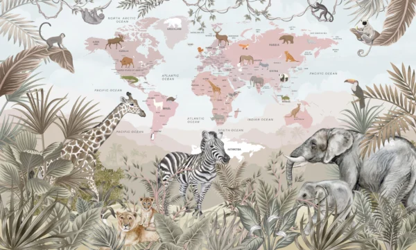 Papier Peint Carte du Monde Safari aux Animaux Exotiques – Wallpaper