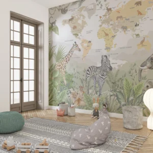 Papier Peint Carte du Monde Safari Animaux Tropicaux Enfant