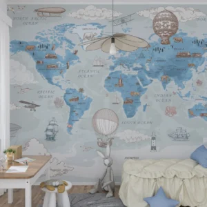 Carte du monde vintage avec animaux et moyens de transport historiques