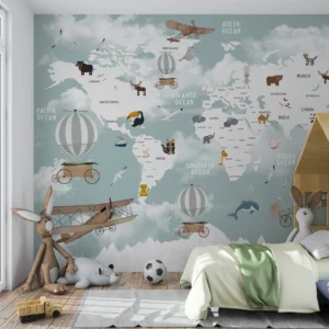 Papier Peint Carte du Monde Aventure Vintage avec Animaux et Avions