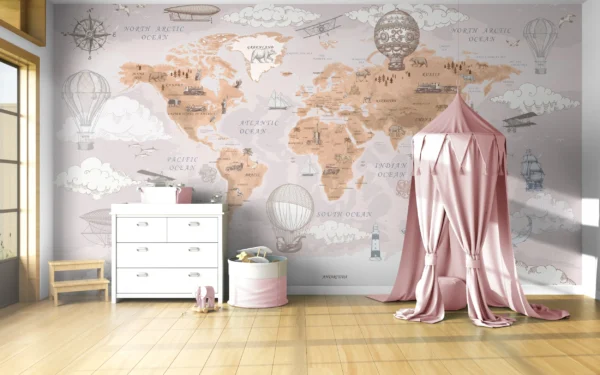 Papier Peint Carte du Monde Vintage avec Montgolfières et Navires – Gallery