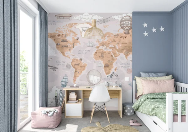 Papier Peint Carte du Monde Vintage avec Montgolfières et Navires – Gallery