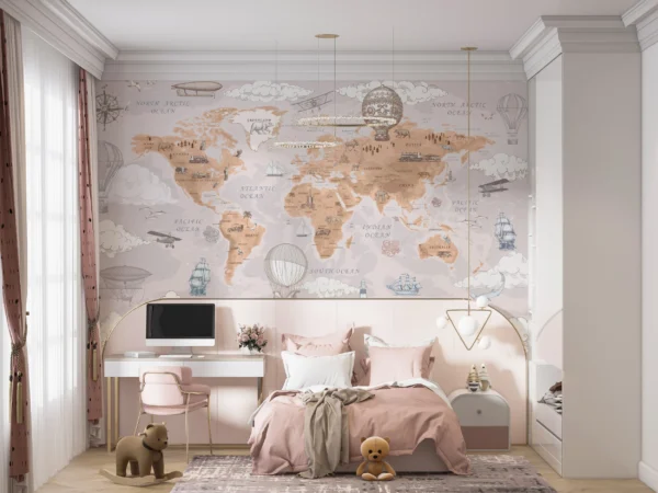 Papier Peint Carte du Monde Vintage avec Montgolfières et Navires – Gallery