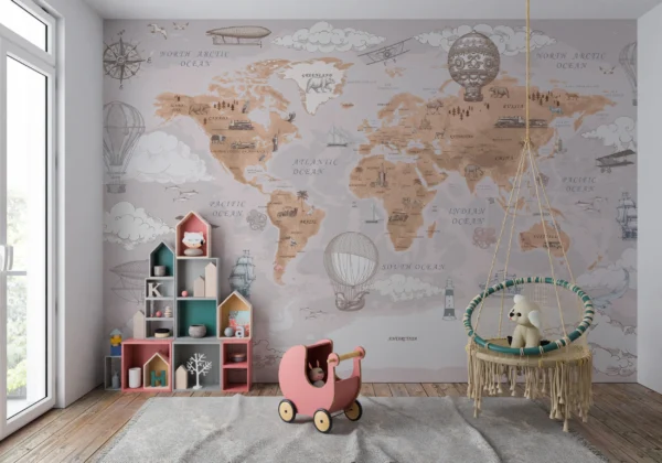 Papier Peint Carte du Monde Vintage avec Montgolfières et Navires – Main