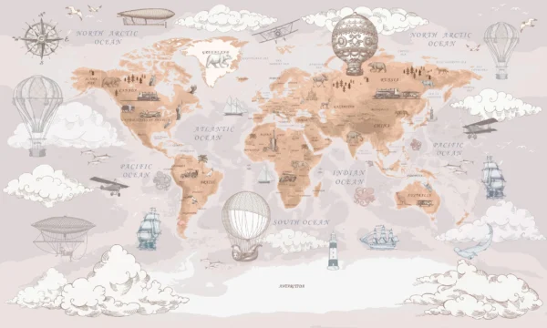 Papier Peint Carte du Monde Vintage avec Montgolfières et Navires – Wallpaper