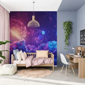 Papier Peint Cosmique Abstrait Galaxie Bleue et Violette Surréaliste