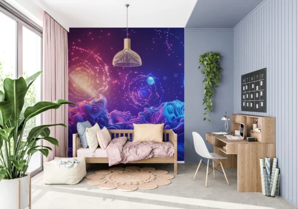 Papier Peint Cosmique Abstrait Galaxie Bleue et Violette Surréaliste – Main