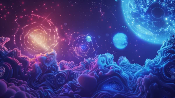 Papier Peint Cosmique Abstrait Galaxie Bleue et Violette Surréaliste – Wallpaper
