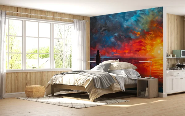 Silhouette contemplant un coucher de soleil cosmique aux reflets flamboyants – Gallery