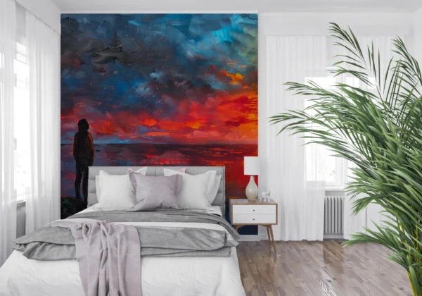 Silhouette contemplant un coucher de soleil cosmique aux reflets flamboyants – Gallery