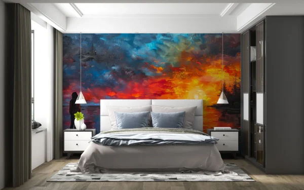 Silhouette contemplant un coucher de soleil cosmique aux reflets flamboyants – Gallery