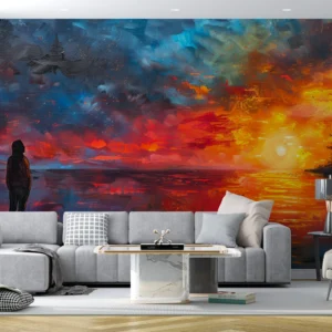 Silhouette contemplant un coucher de soleil cosmique aux reflets flamboyants