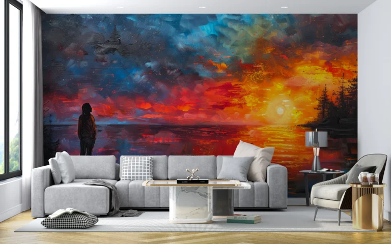 Silhouette contemplant un coucher de soleil cosmique aux reflets flamboyants – Main