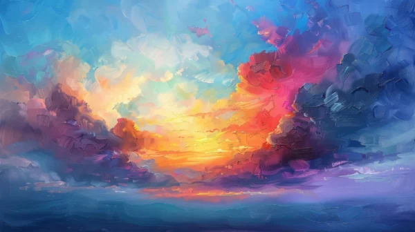 Coucher de soleil vibrant dans nuages colorés style impressionniste – Wallpaper