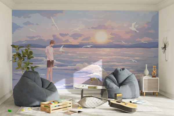 Papier Peint Jeune Homme Contemplant Coucher Soleil Océan Oiseaux – Gallery