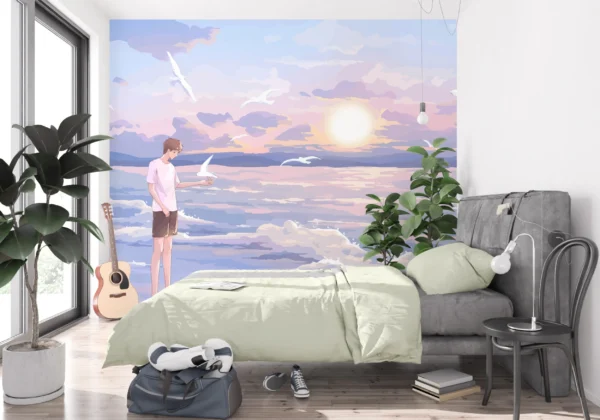 Papier Peint Jeune Homme Contemplant Coucher Soleil Océan Oiseaux – Gallery