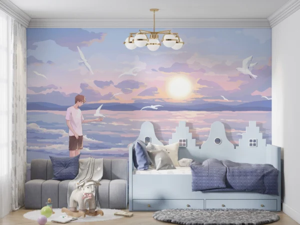 Papier Peint Jeune Homme Contemplant Coucher Soleil Océan Oiseaux – Gallery