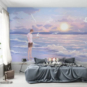 Papier Peint Jeune Homme Contemplant Coucher Soleil Océan Oiseaux