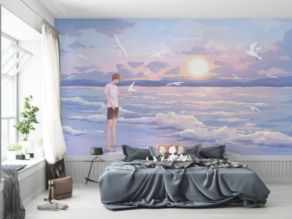 Papier Peint Jeune Homme Contemplant Coucher Soleil Océan Oiseaux – Main