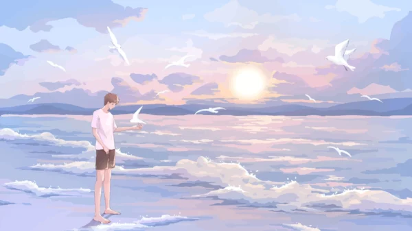 Papier Peint Jeune Homme Contemplant Coucher Soleil Océan Oiseaux – Wallpaper
