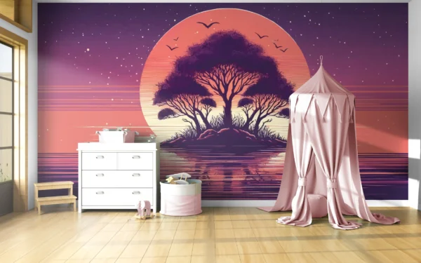 Papier Peint Coucher de Soleil Rétro avec Baobab et Reflets Aquatiques – Gallery