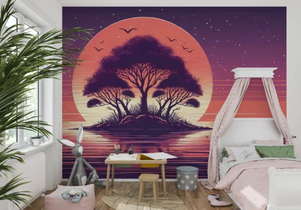 Papier Peint Coucher de Soleil Rétro avec Baobab et Reflets Aquatiques – Gallery