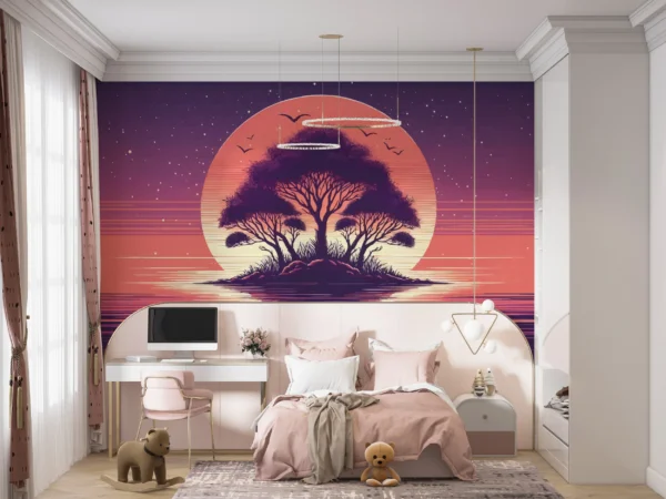 Papier Peint Coucher de Soleil Rétro avec Baobab et Reflets Aquatiques – Gallery