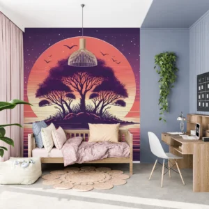 Papier Peint Coucher de Soleil Rétro avec Baobab et Reflets Aquatiques