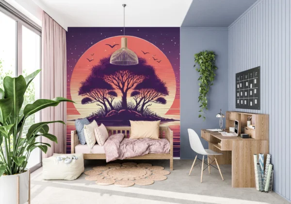 Papier Peint Coucher de Soleil Rétro avec Baobab et Reflets Aquatiques – Main