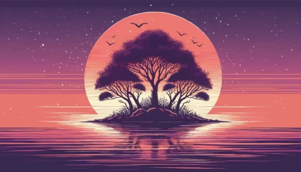 Papier Peint Coucher de Soleil Rétro avec Baobab et Reflets Aquatiques – Wallpaper