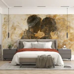 Couple Enlacé Abstrait Tons Dorés et Ocre Romantique