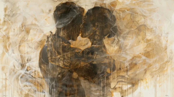 Couple Enlacé Abstrait Tons Dorés et Ocre Romantique – Wallpaper