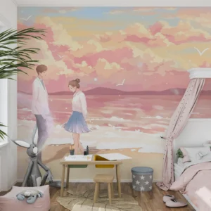 Couple romantique sur plage au coucher de soleil pastel