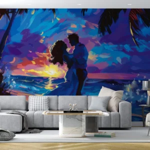 Couple romantique coucher de soleil tropical plage palmiers