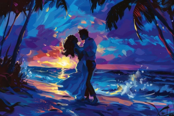 Couple romantique coucher de soleil tropical plage palmiers – Wallpaper