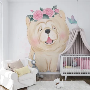 Papier Peint Chiot Adorable avec Couronne de Roses Roses