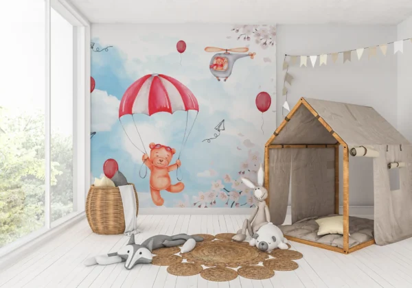 Papier peint enfant ours aviateurs ciel nuages et cerisiers roses – Gallery