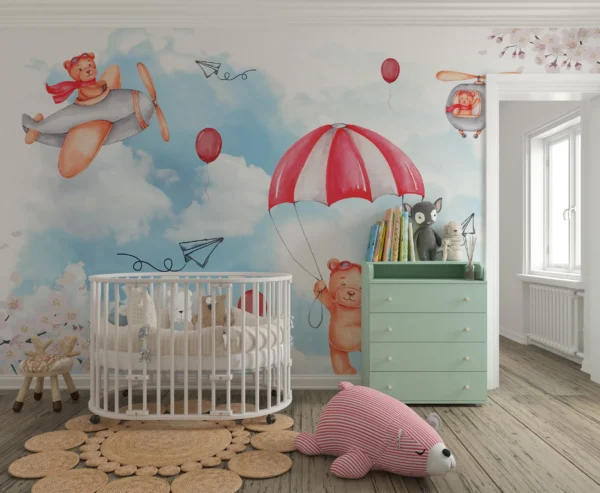 Papier peint enfant ours aviateurs ciel nuages et cerisiers roses – Gallery