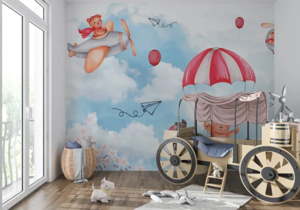 Papier peint enfant ours aviateurs ciel nuages et cerisiers roses – Gallery