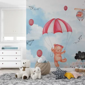 Papier peint enfant ours aviateurs ciel nuages et cerisiers roses