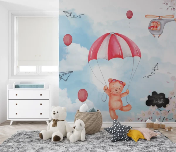 Papier peint enfant ours aviateurs ciel nuages et cerisiers roses – Main