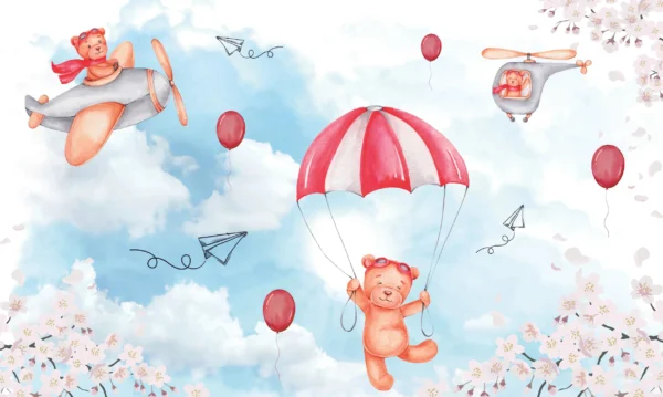 Papier peint enfant ours aviateurs ciel nuages et cerisiers roses – Wallpaper
