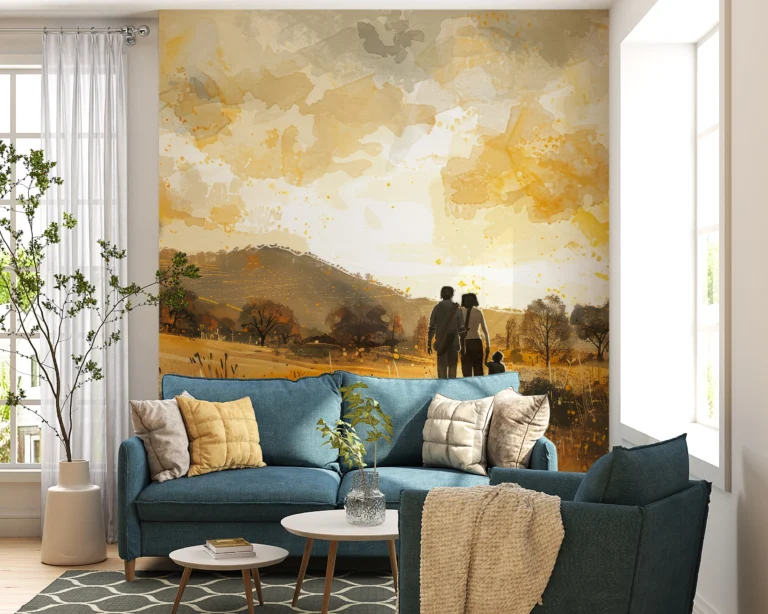 Papier peint famille silhouette coucher de soleil paysage automnal – Main